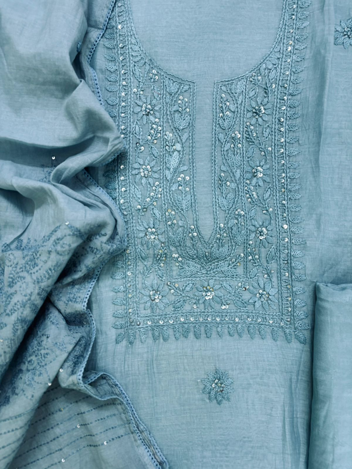 Pure Mul Chanderi Embroidered Suit - Blue