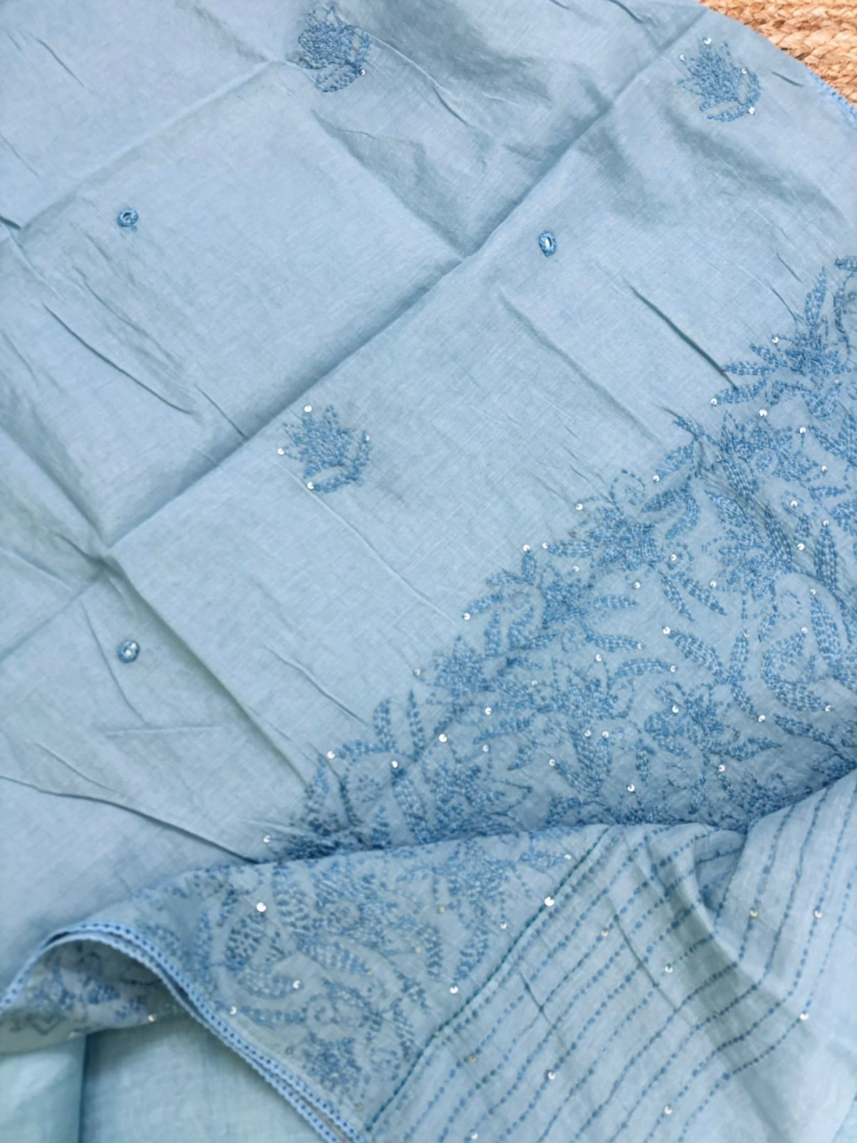 Pure Mul Chanderi Embroidered Suit - Blue