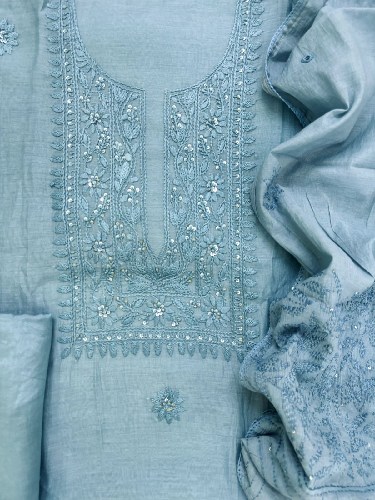 Pure Mul Chanderi Embroidered Suit - Blue