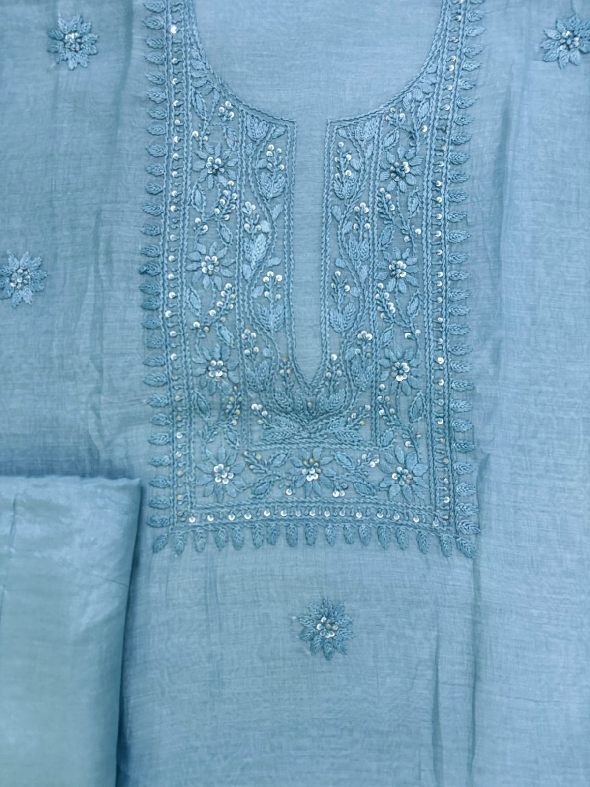 Pure Mul Chanderi Embroidered Suit - Blue