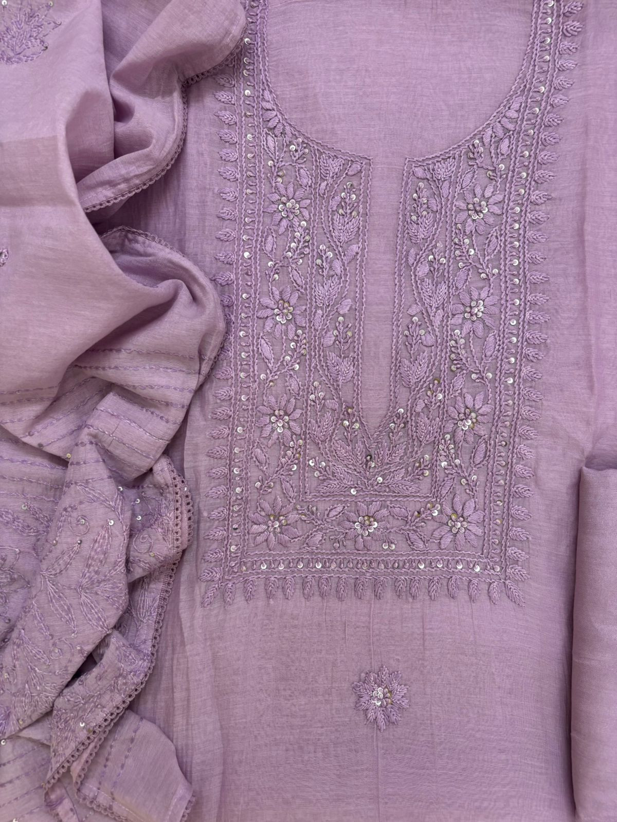 Pure Mul Chanderi Embroidered Suit - Lavender