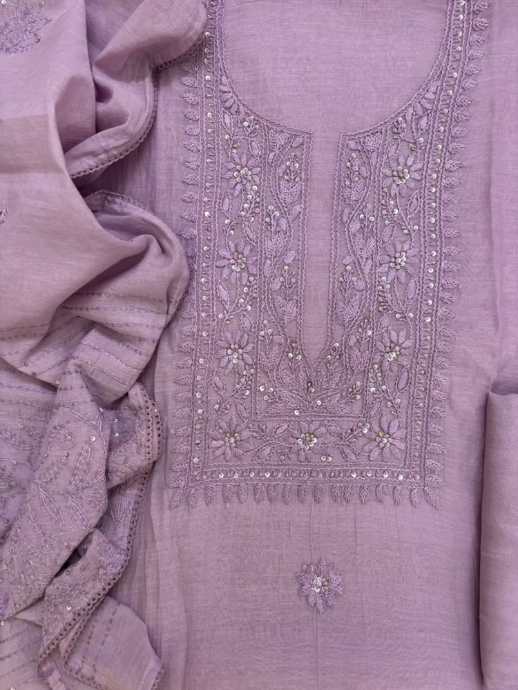 Image of Pure Mul Chanderi Embroidered Suit - Lavender