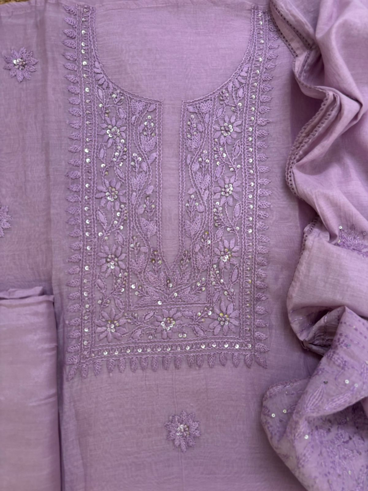 Pure Mul Chanderi Embroidered Suit - Lavender