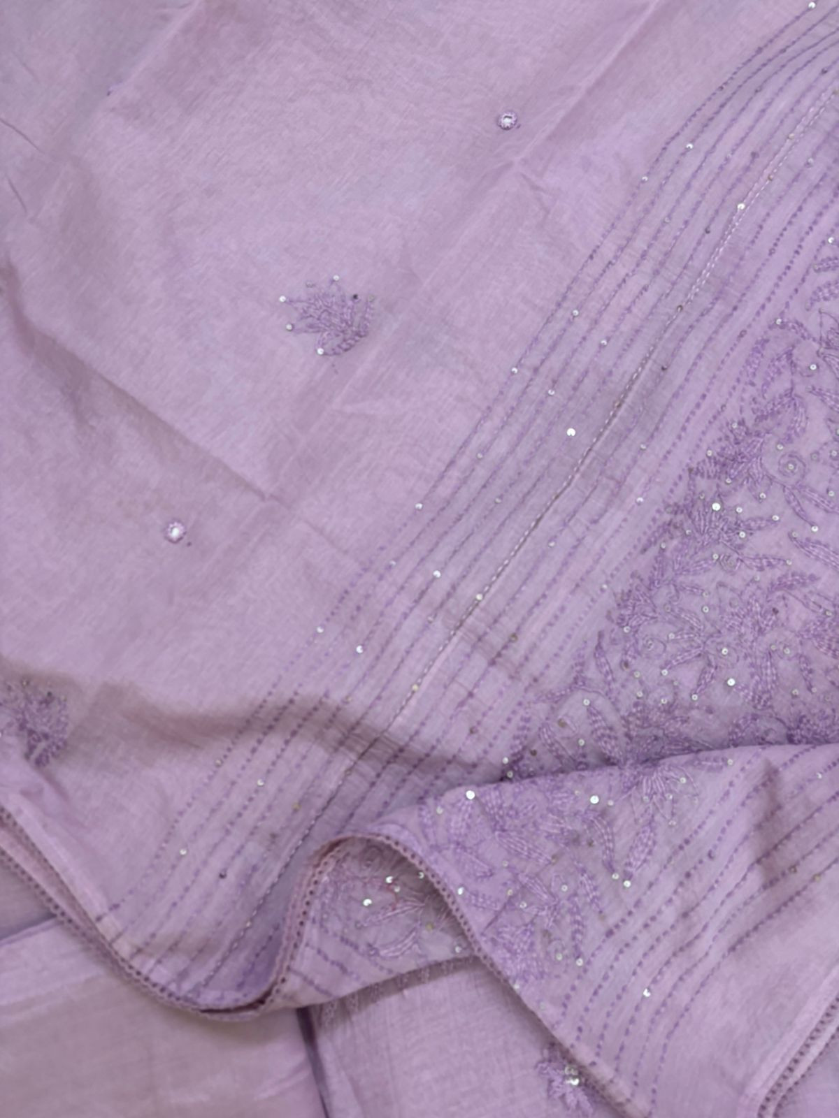 Pure Mul Chanderi Embroidered Suit - Lavender