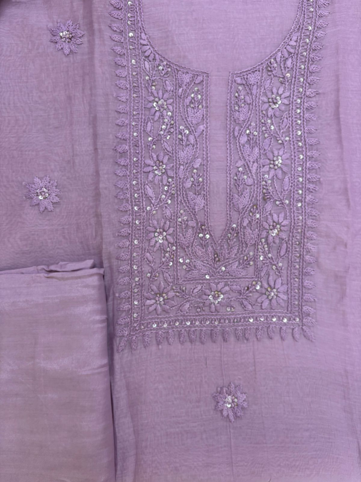 Pure Mul Chanderi Embroidered Suit - Lavender