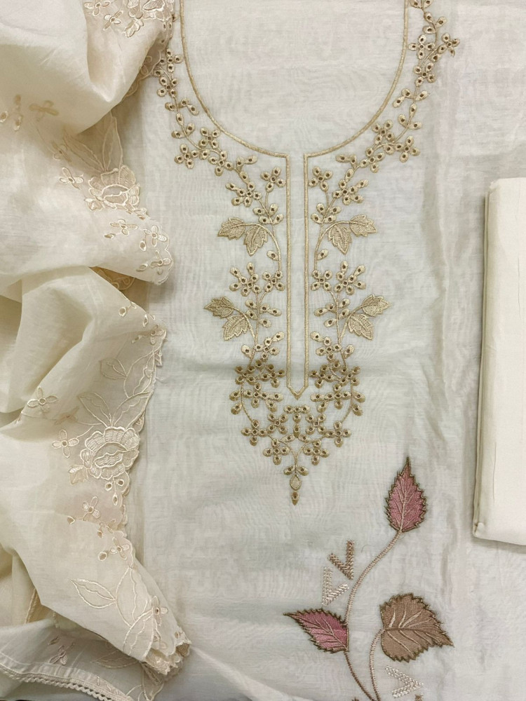 Image of Soft Chanderi Embroidered Suit - OffWhite