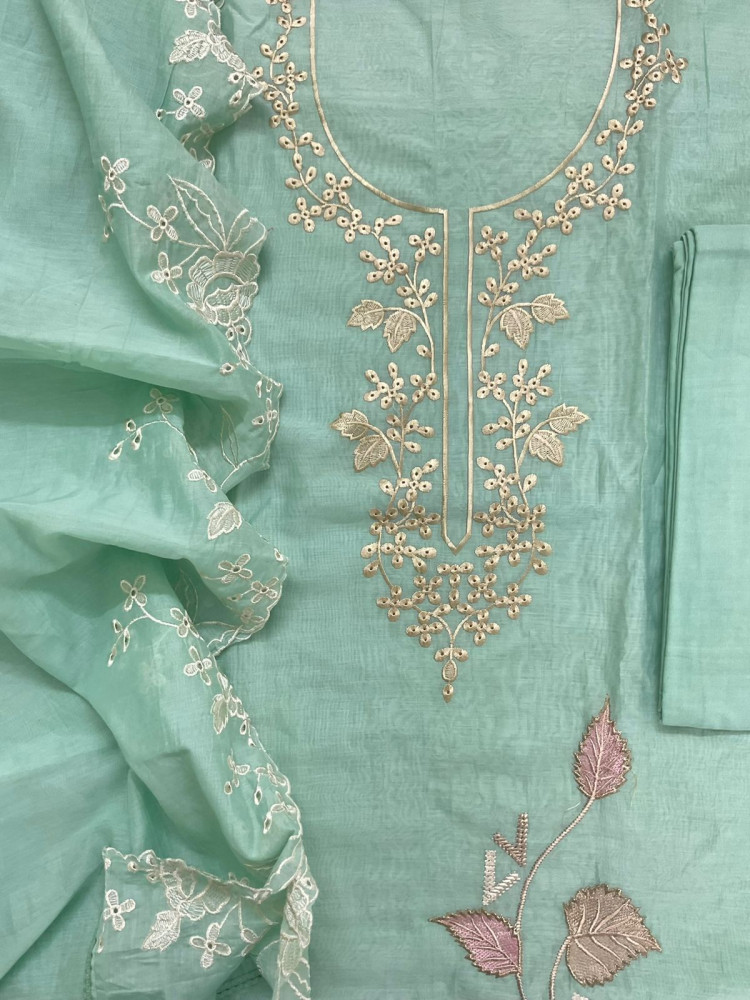 Image of Soft Chanderi Embroidered Suit - Green