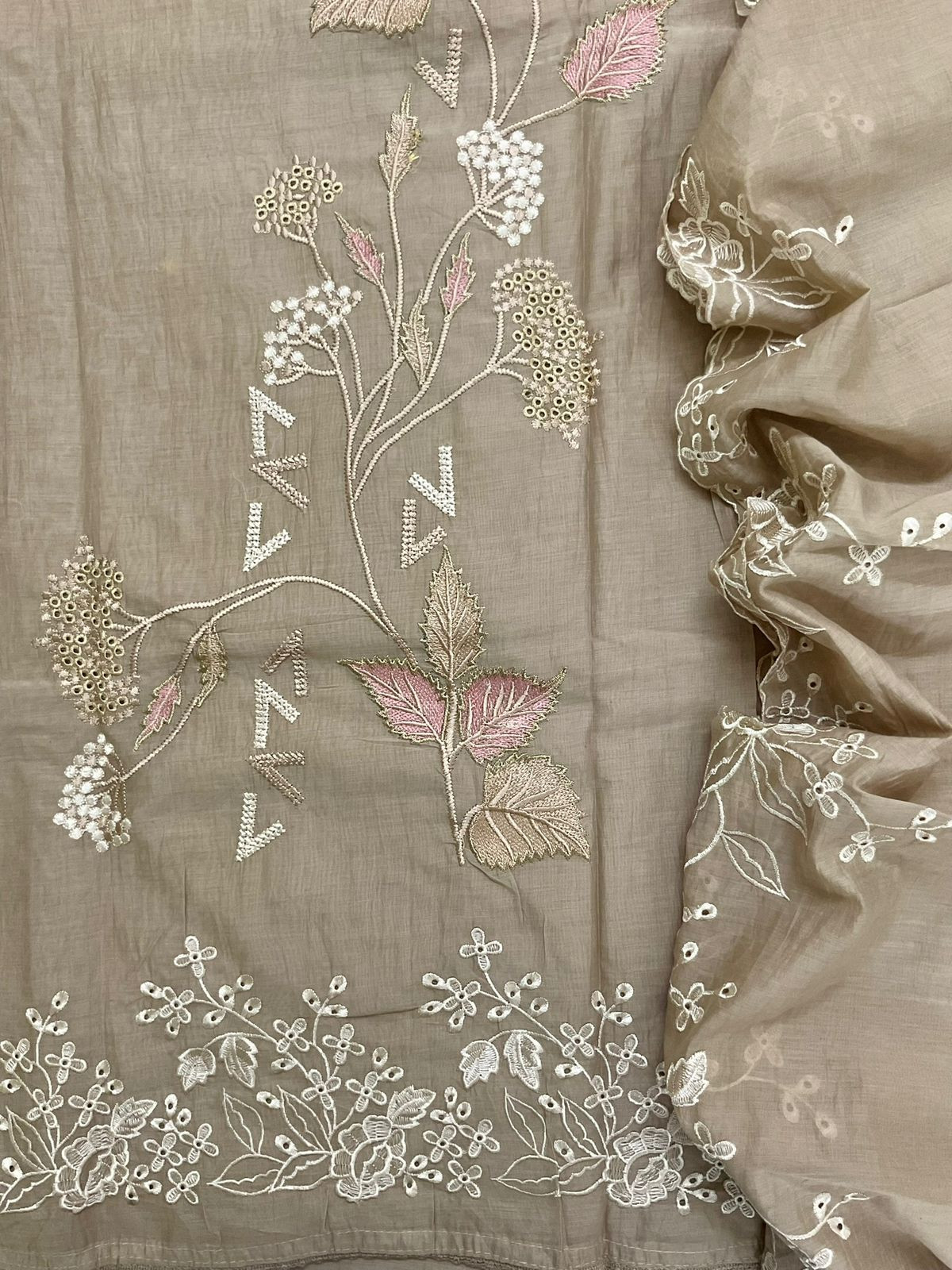 Soft Chanderi Embroidered Suit - Beige