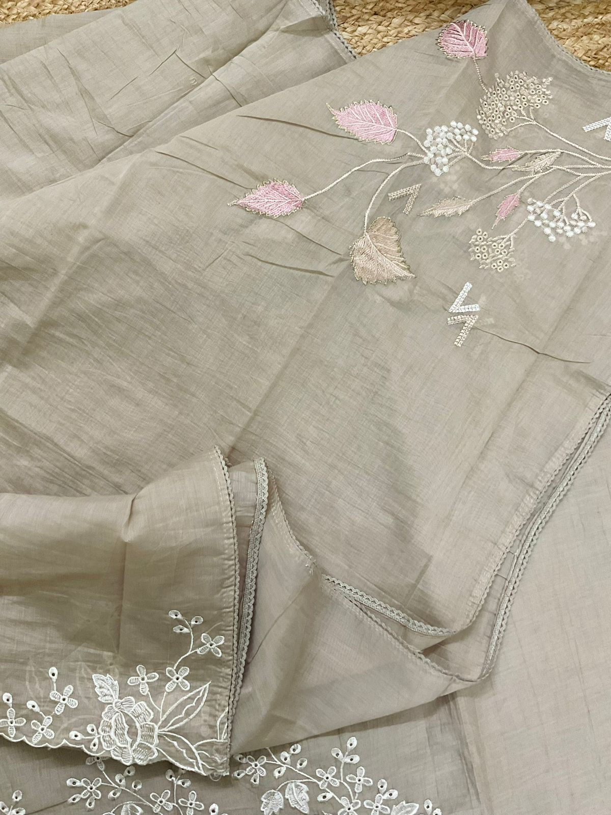 Soft Chanderi Embroidered Suit - Beige