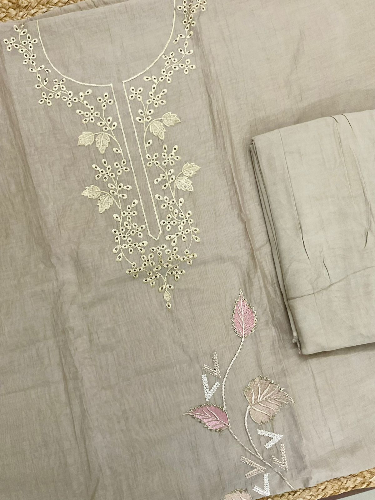 Soft Chanderi Embroidered Suit - Beige