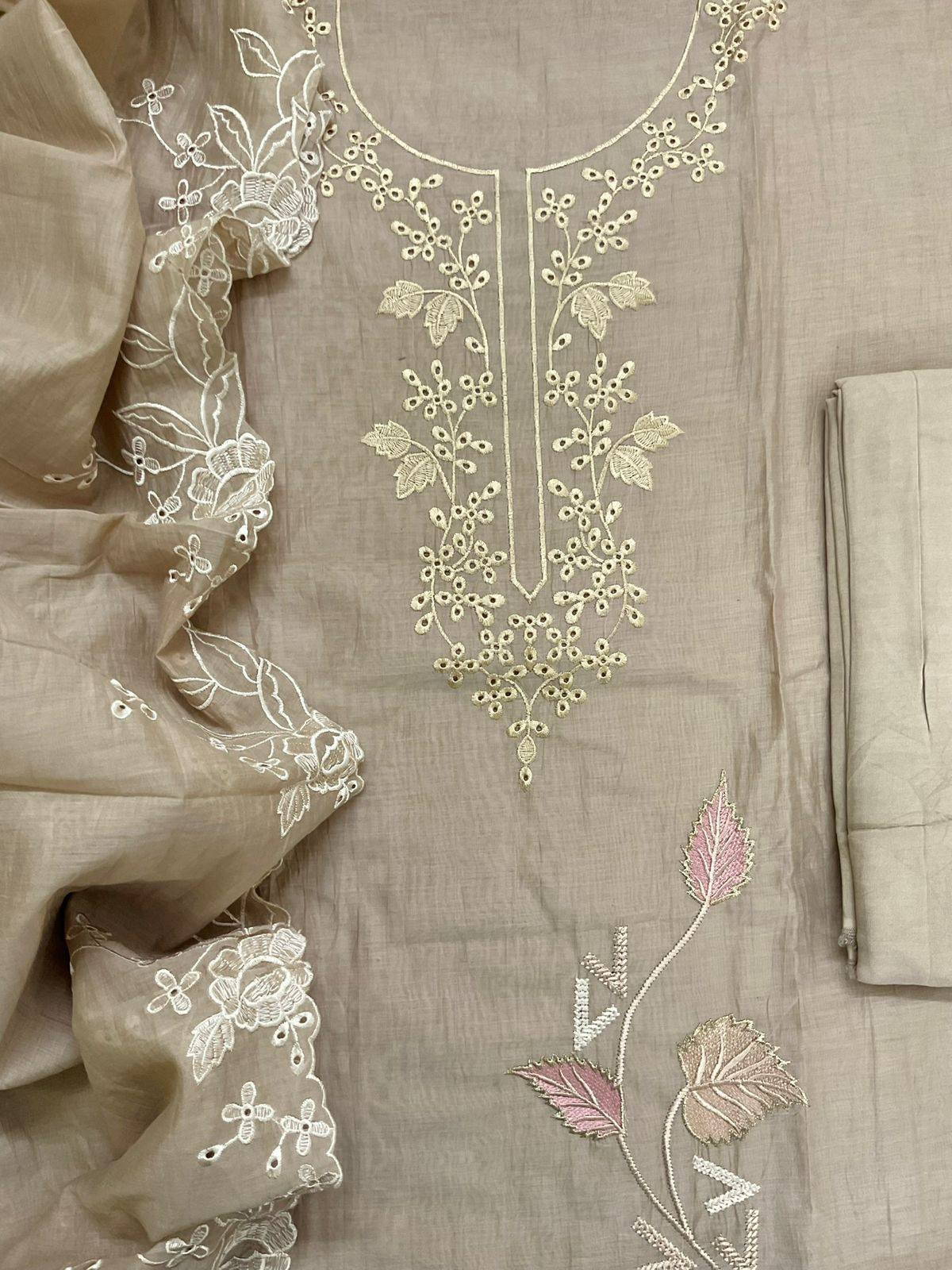 Soft Chanderi Embroidered Suit - Beige