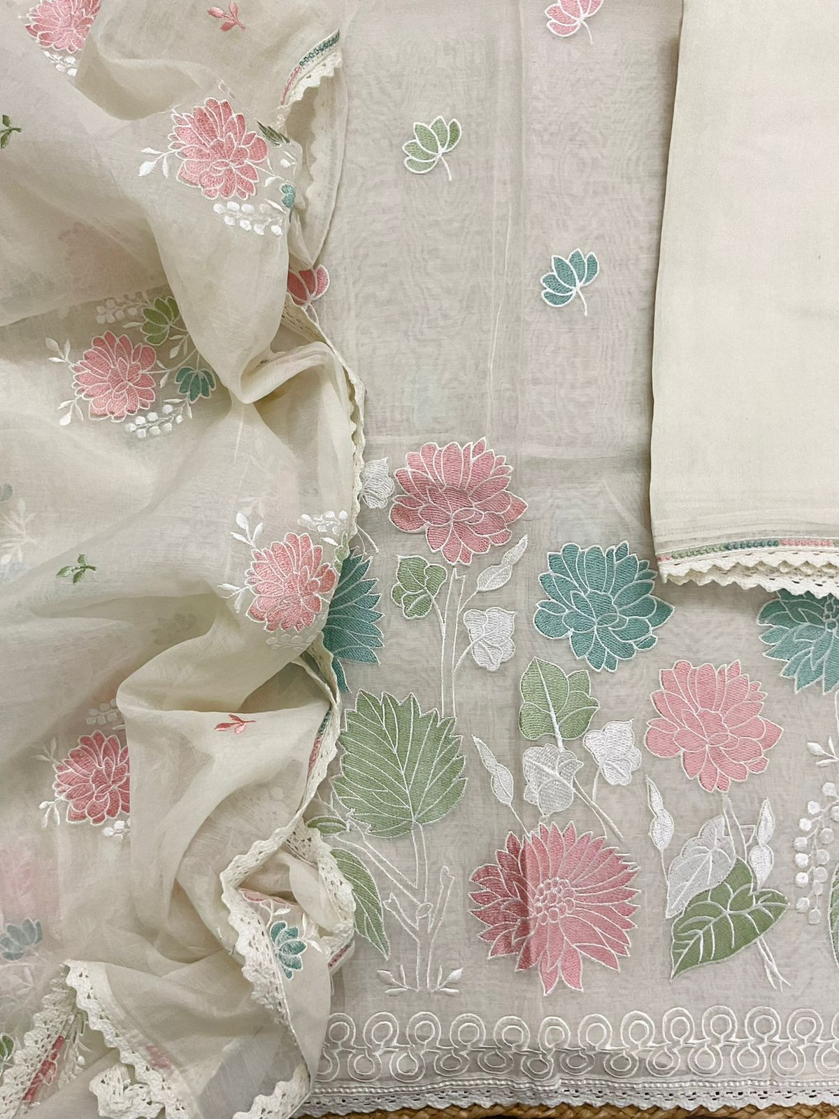 Pure Mul Chanderi Embroidered Suit - Offwhite