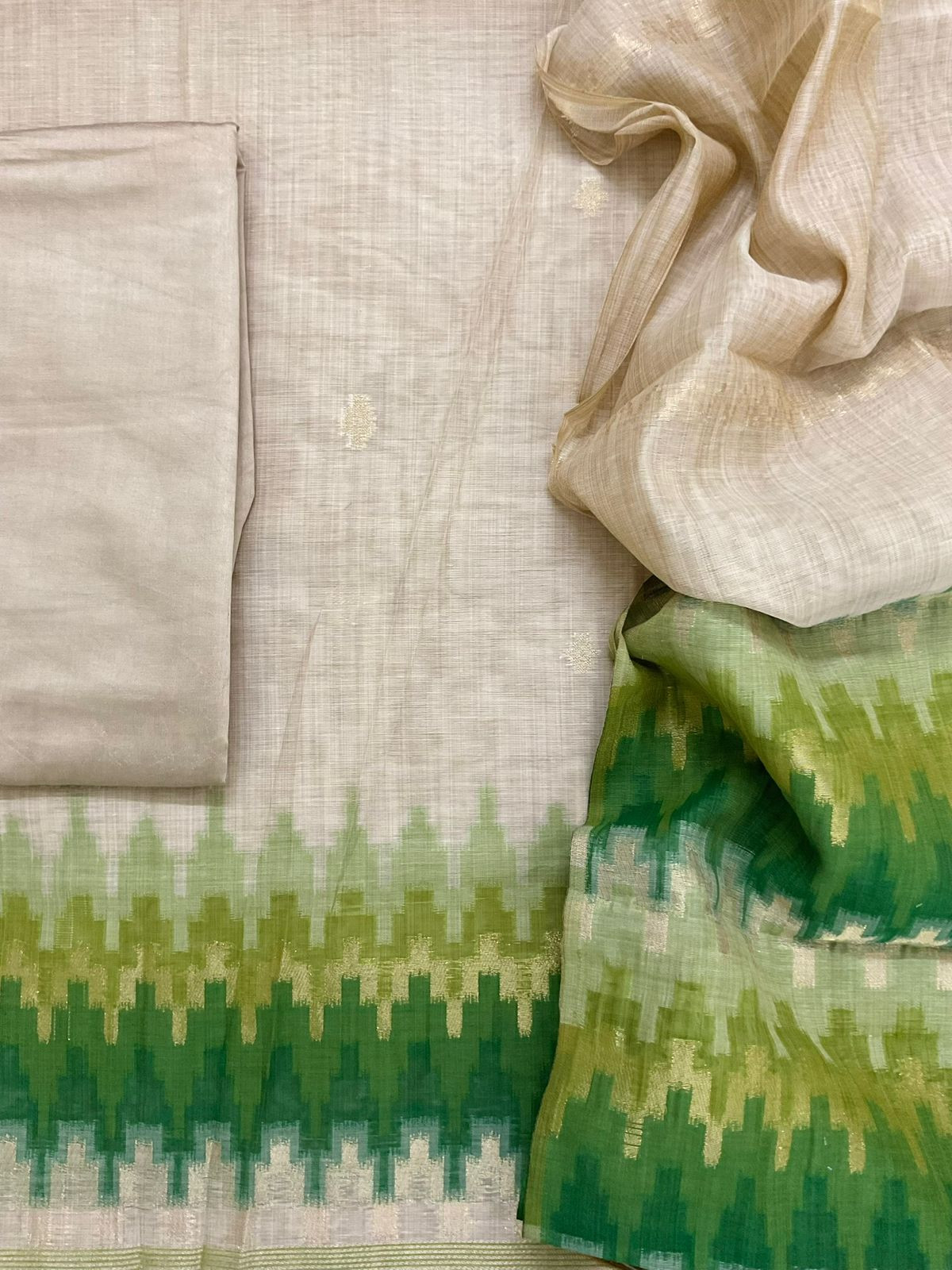 Soft Slub Chanderi Jamdani Weaved Embroidered Suit - Beige