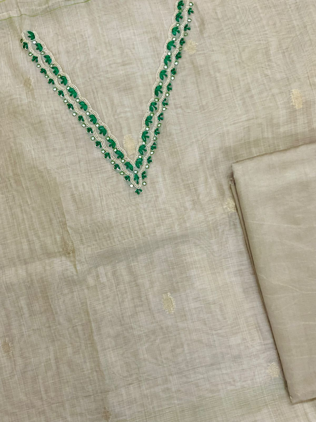 Soft Slub Chanderi Jamdani Weaved Embroidered Suit - Beige