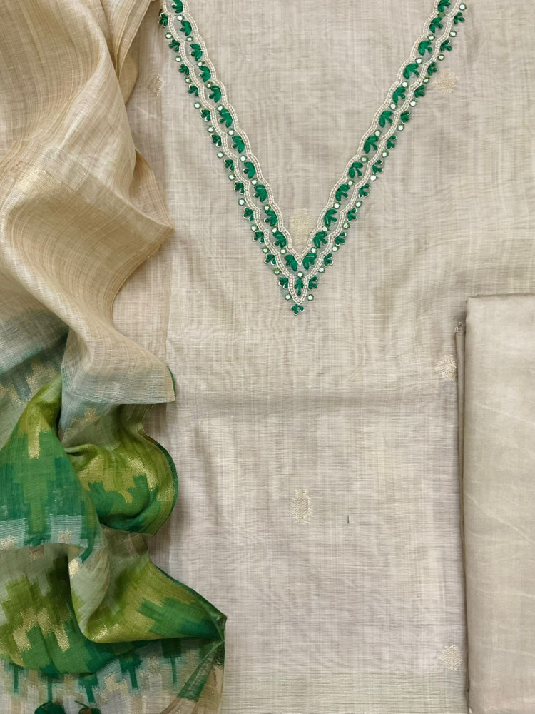 Image of Soft Slub Chanderi Jamdani Weaved Embroidered Suit - Beige