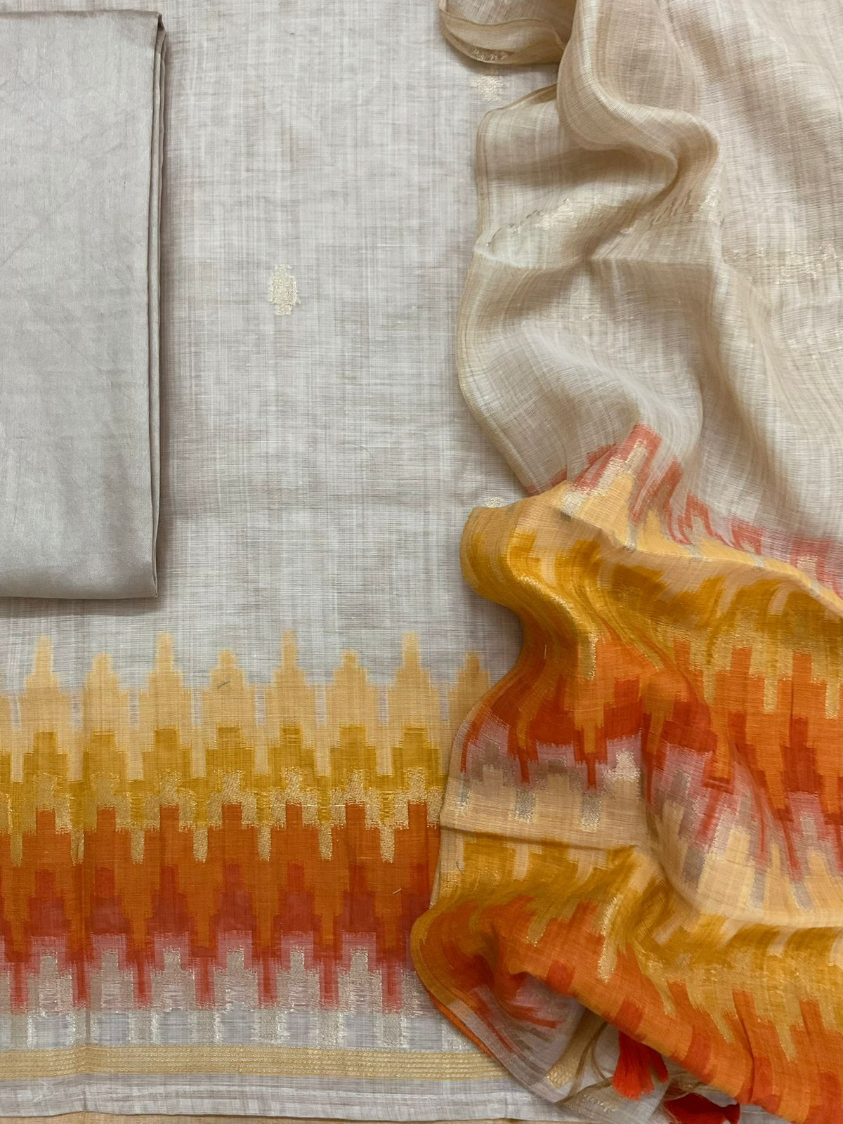 Soft Slub Chanderi Jamdani Weaved Embroidered Suit - Beige