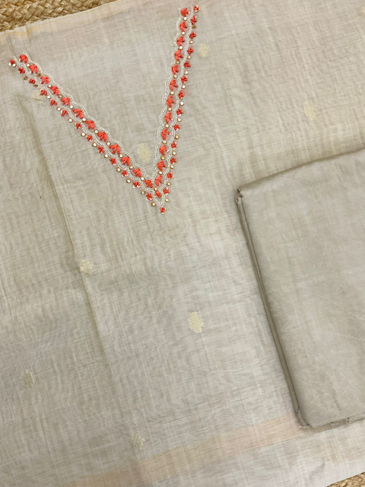 Soft Slub Chanderi Jamdani Weaved Embroidered Suit - Beige