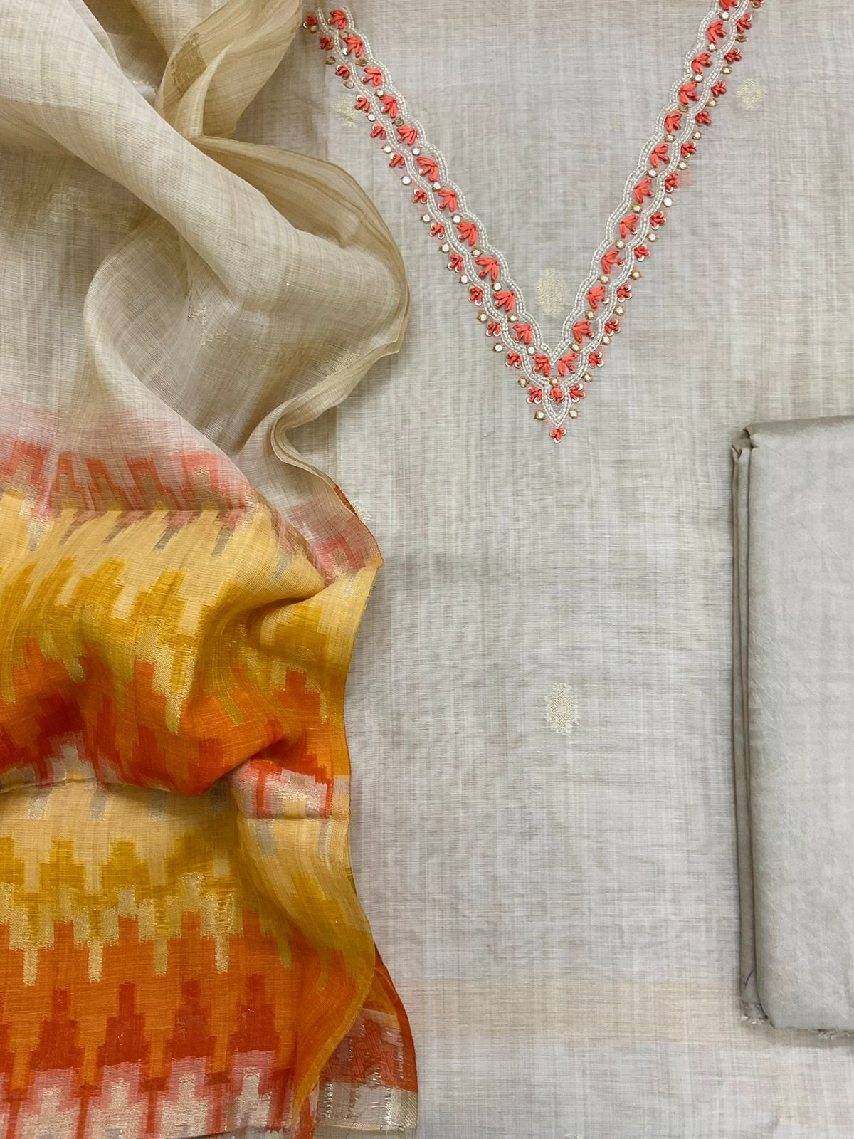 Soft Slub Chanderi Jamdani Weaved Embroidered Suit - Beige