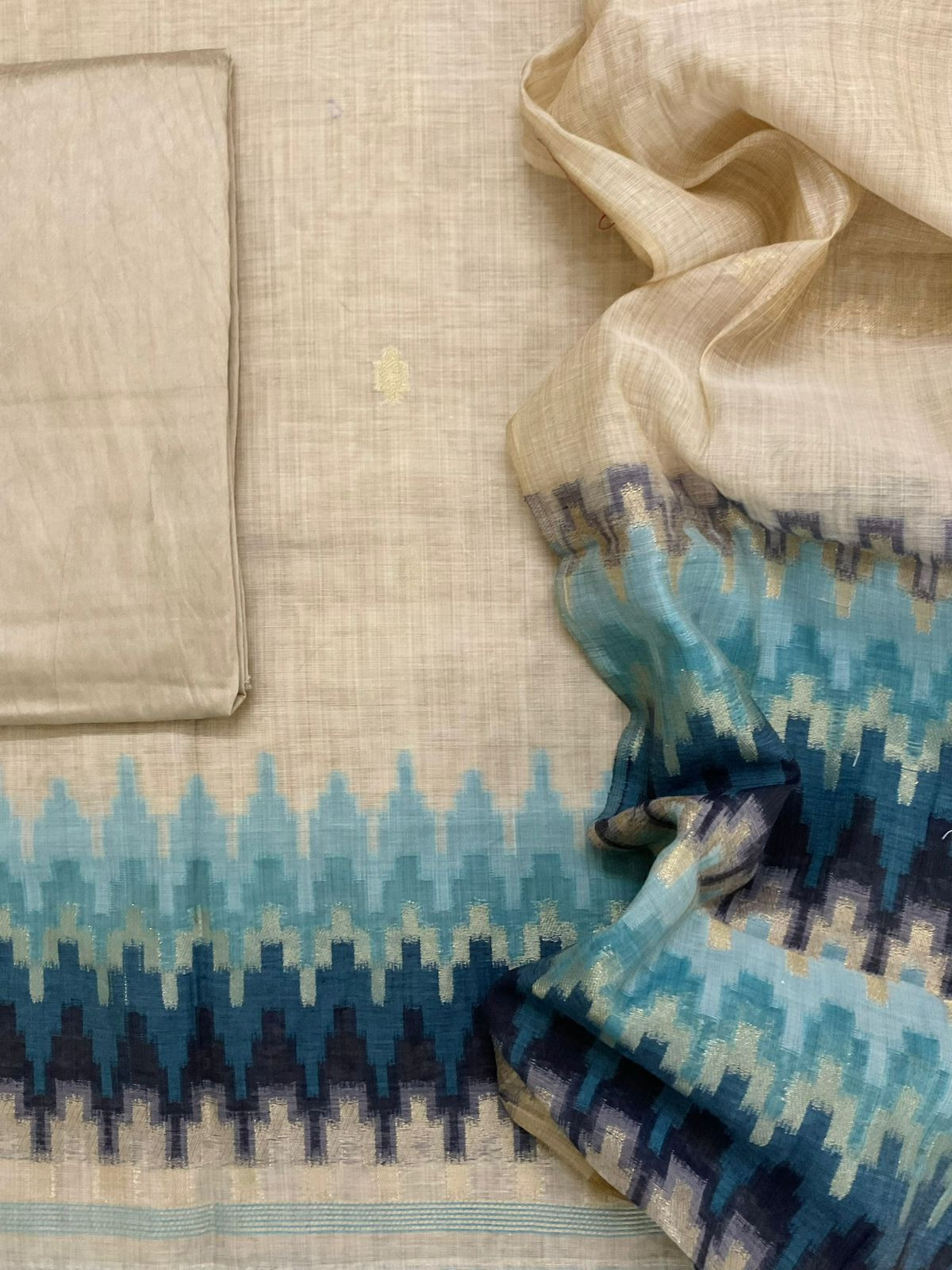 Soft Slub Chanderi Jamdani Weaved Embroidered Suit - Beige