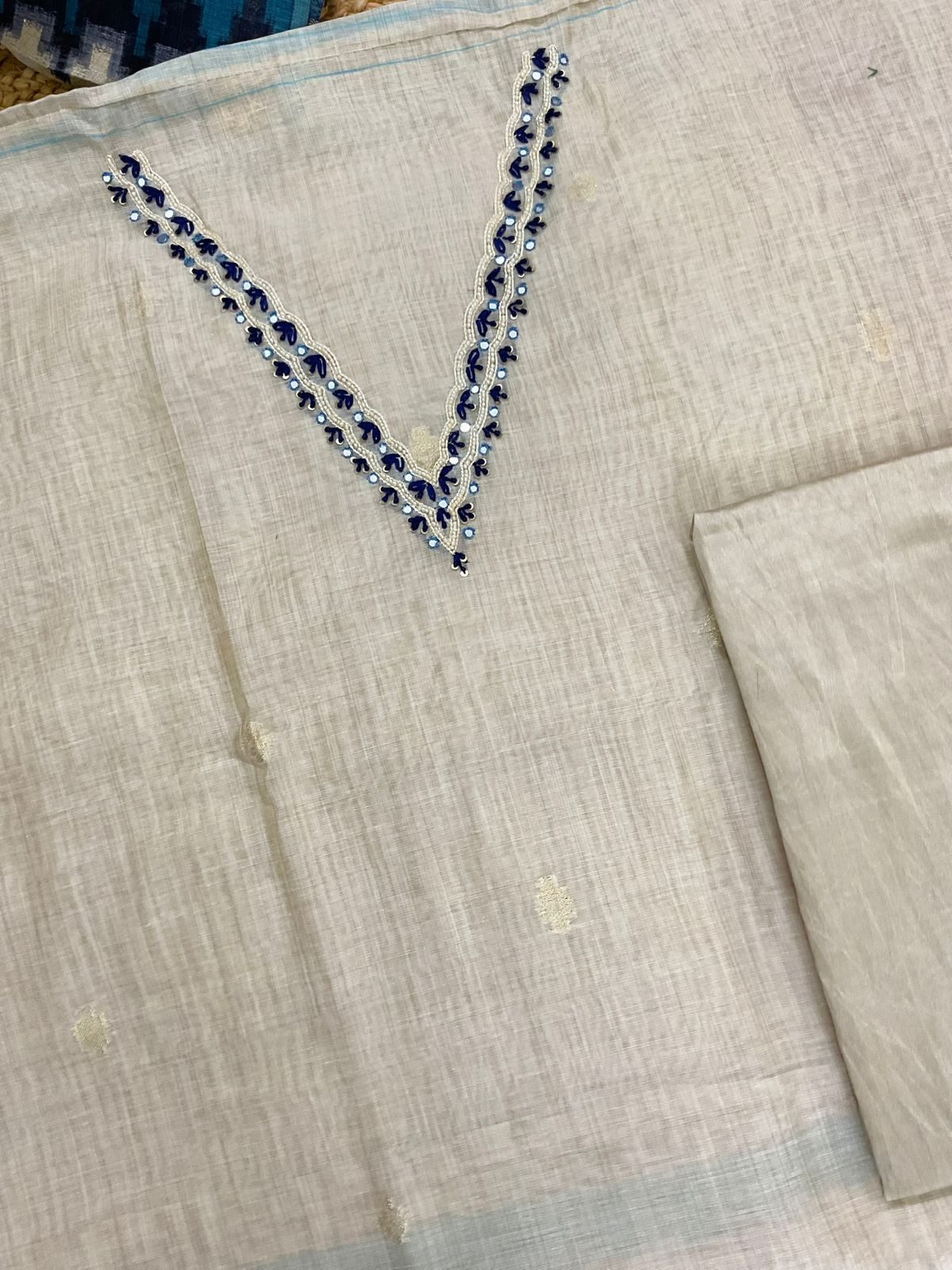 Soft Slub Chanderi Jamdani Weaved Embroidered Suit - Beige