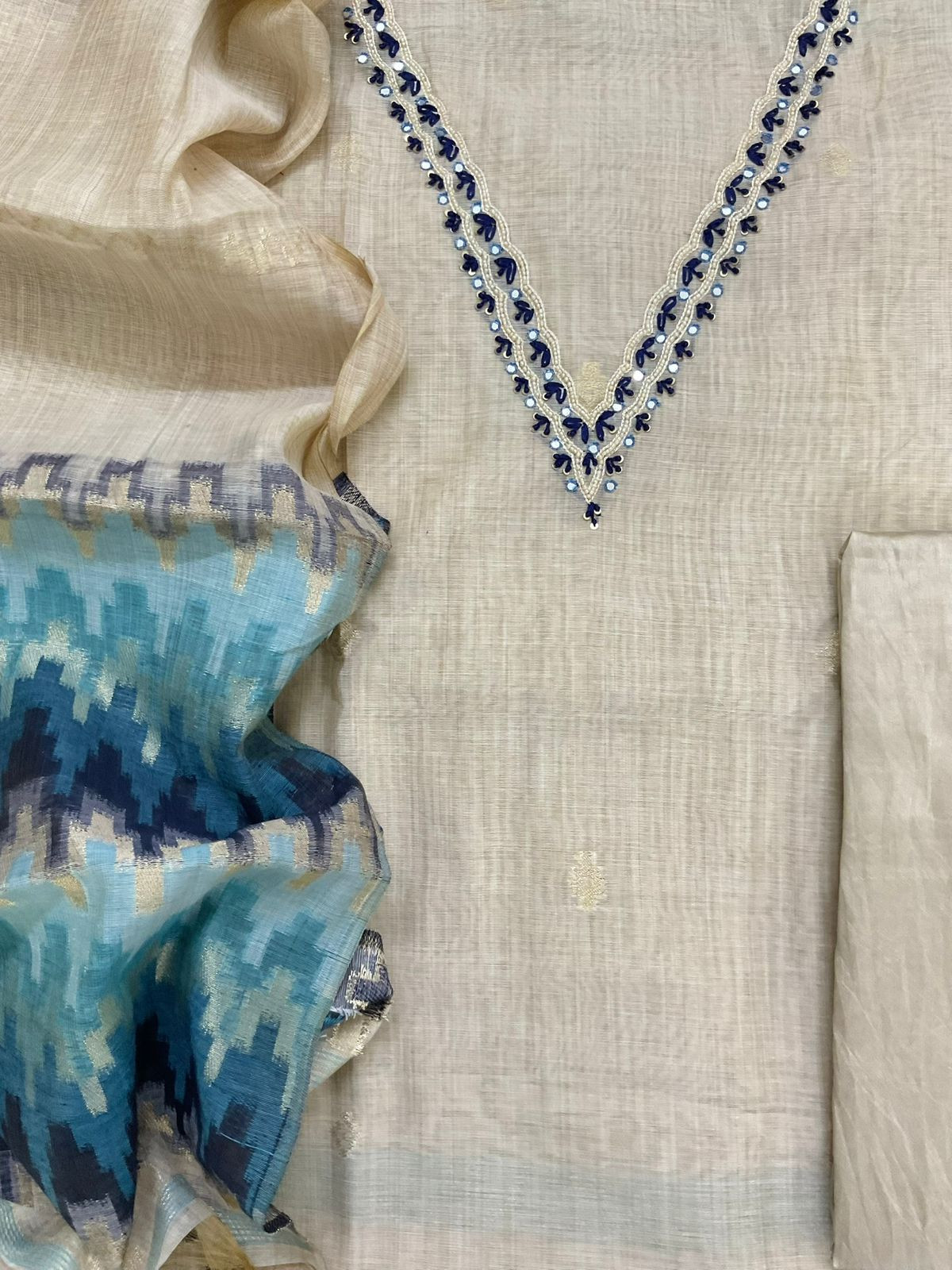 Soft Slub Chanderi Jamdani Weaved Embroidered Suit - Beige