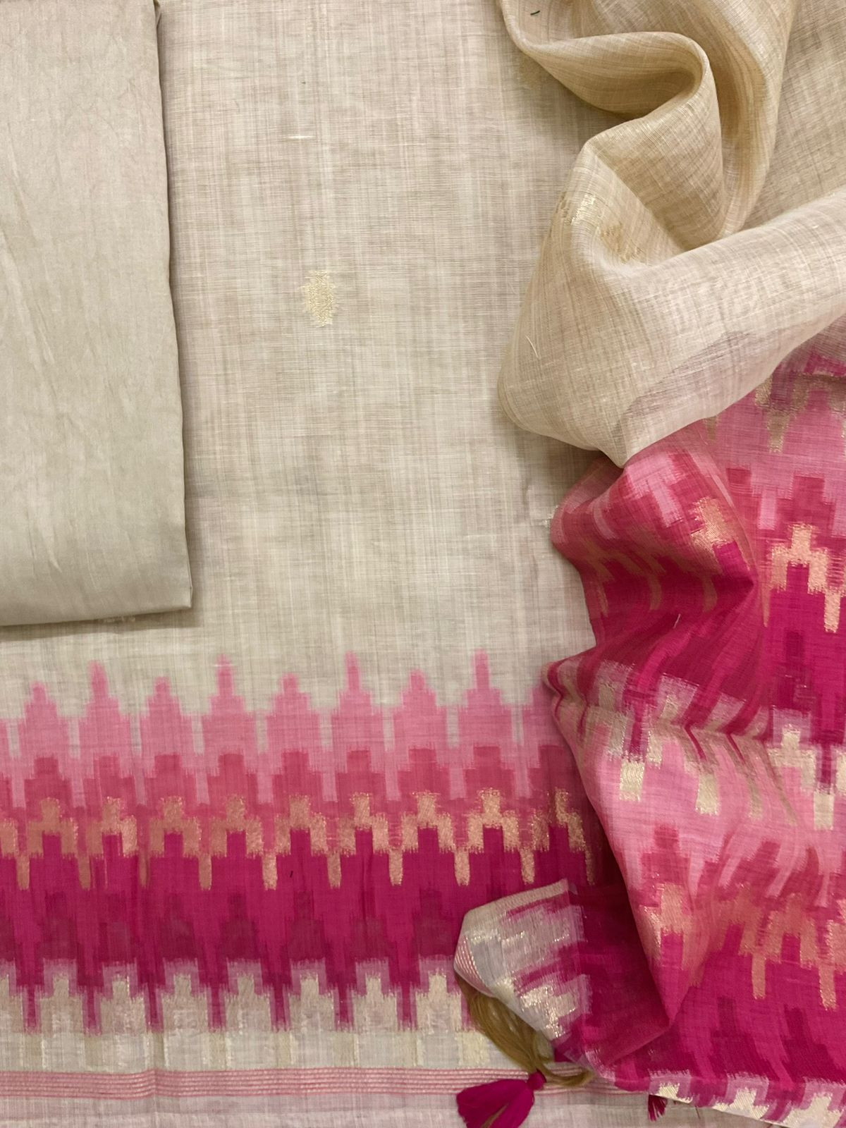 Soft Slub Chanderi Jamdani Weaved Embroidered Suit - Beige