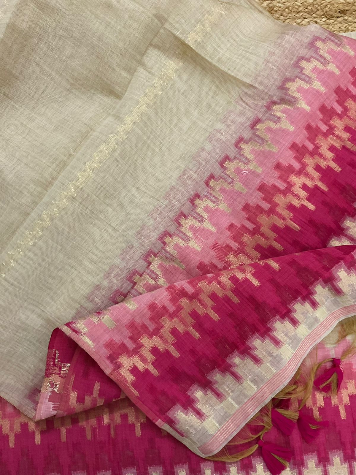 Soft Slub Chanderi Jamdani Weaved Embroidered Suit - Beige