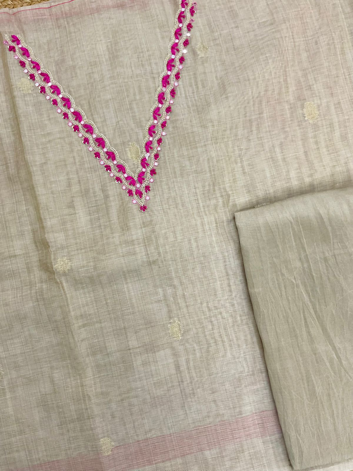 Soft Slub Chanderi Jamdani Weaved Embroidered Suit - Beige