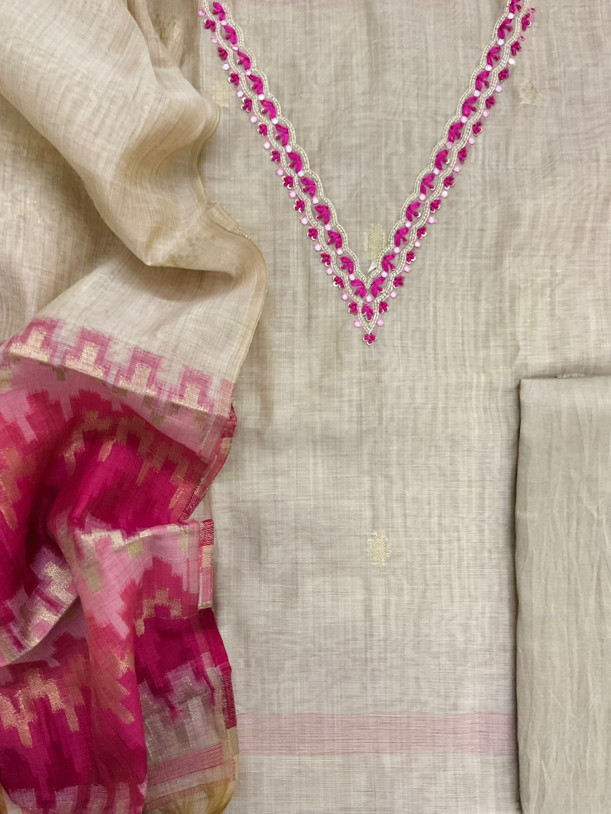 Soft Slub Chanderi Jamdani Weaved Embroidered Suit - Beige