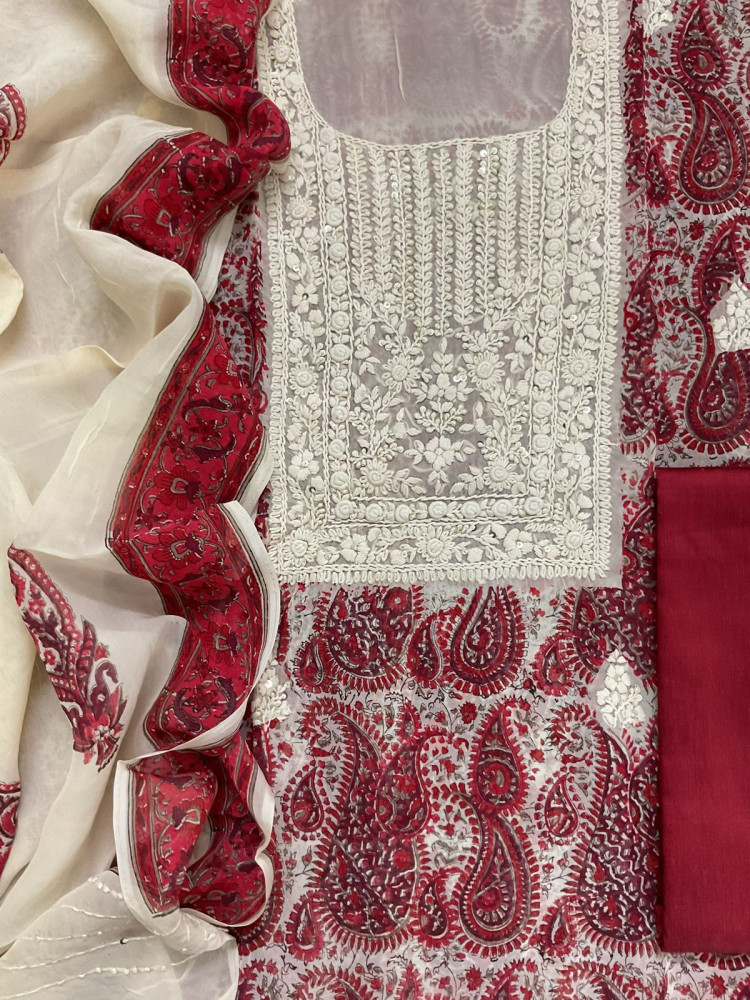 Image of Pure Organza Printed Embroidered Suit - Red