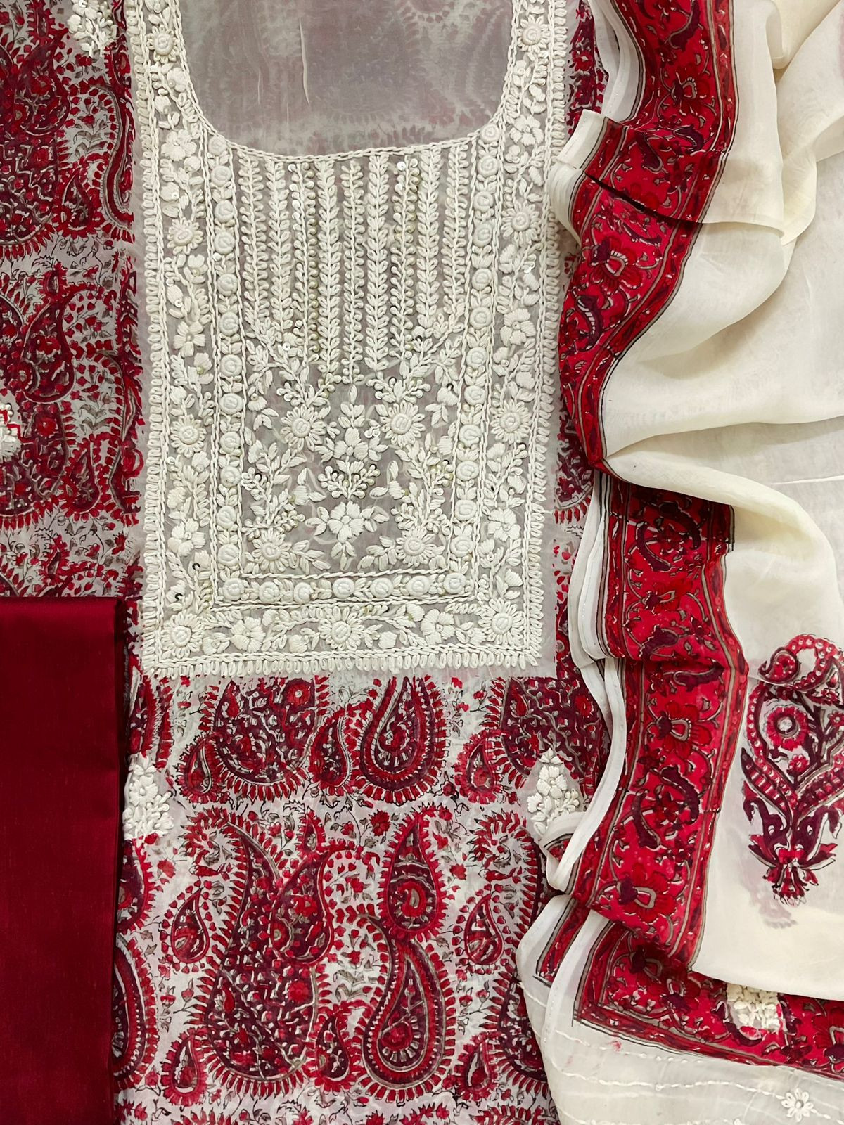 Pure Organza Printed Embroidered Suit - Red