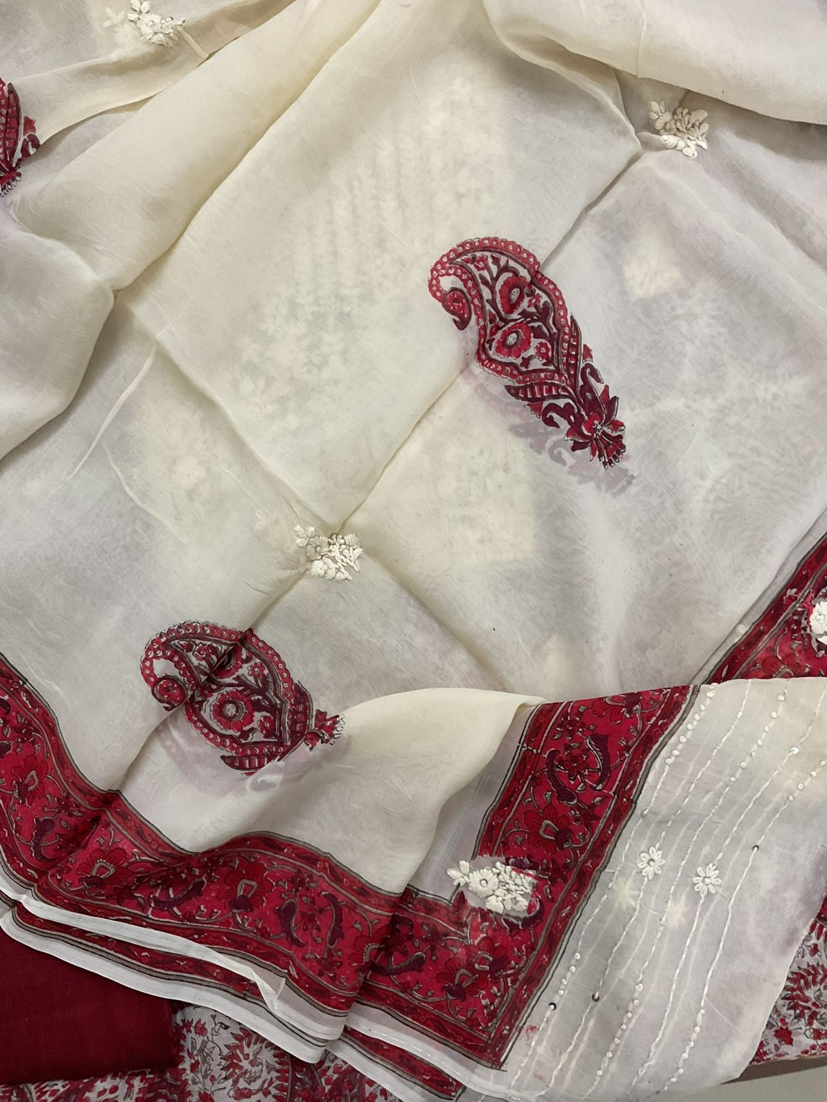 Pure Organza Printed Embroidered Suit - Red