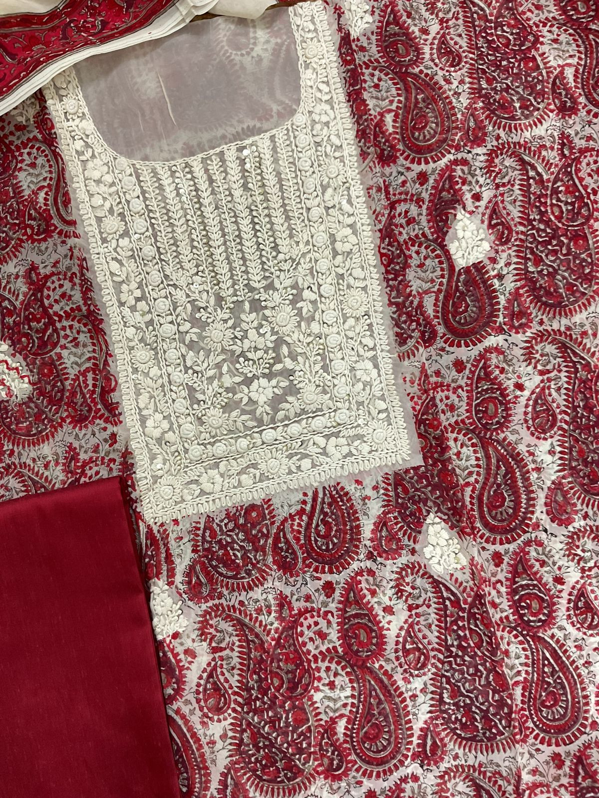 Pure Organza Printed Embroidered Suit - Red
