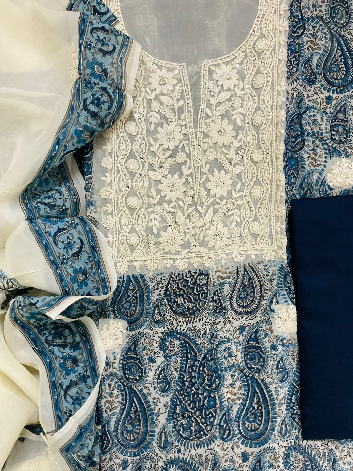 Pure Organza Printed Embroidered Suit - Blue