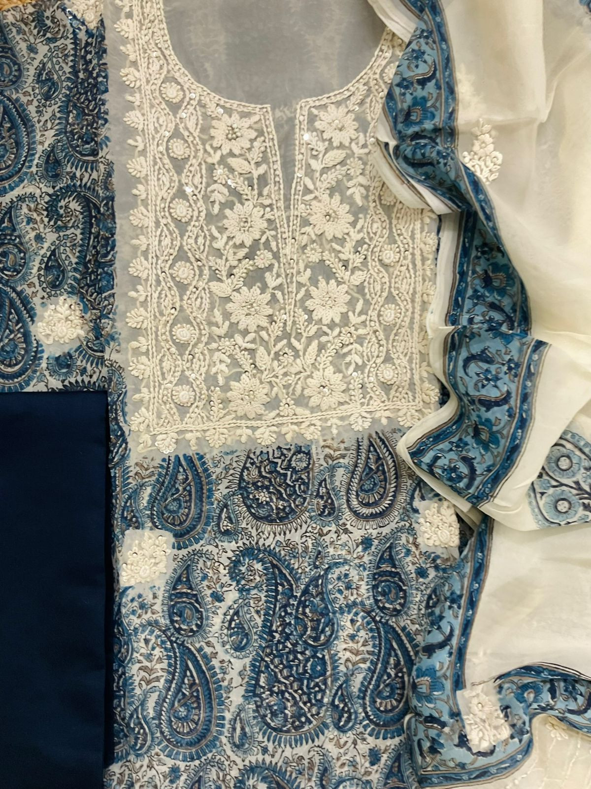 Pure Organza Printed Embroidered Suit - Blue