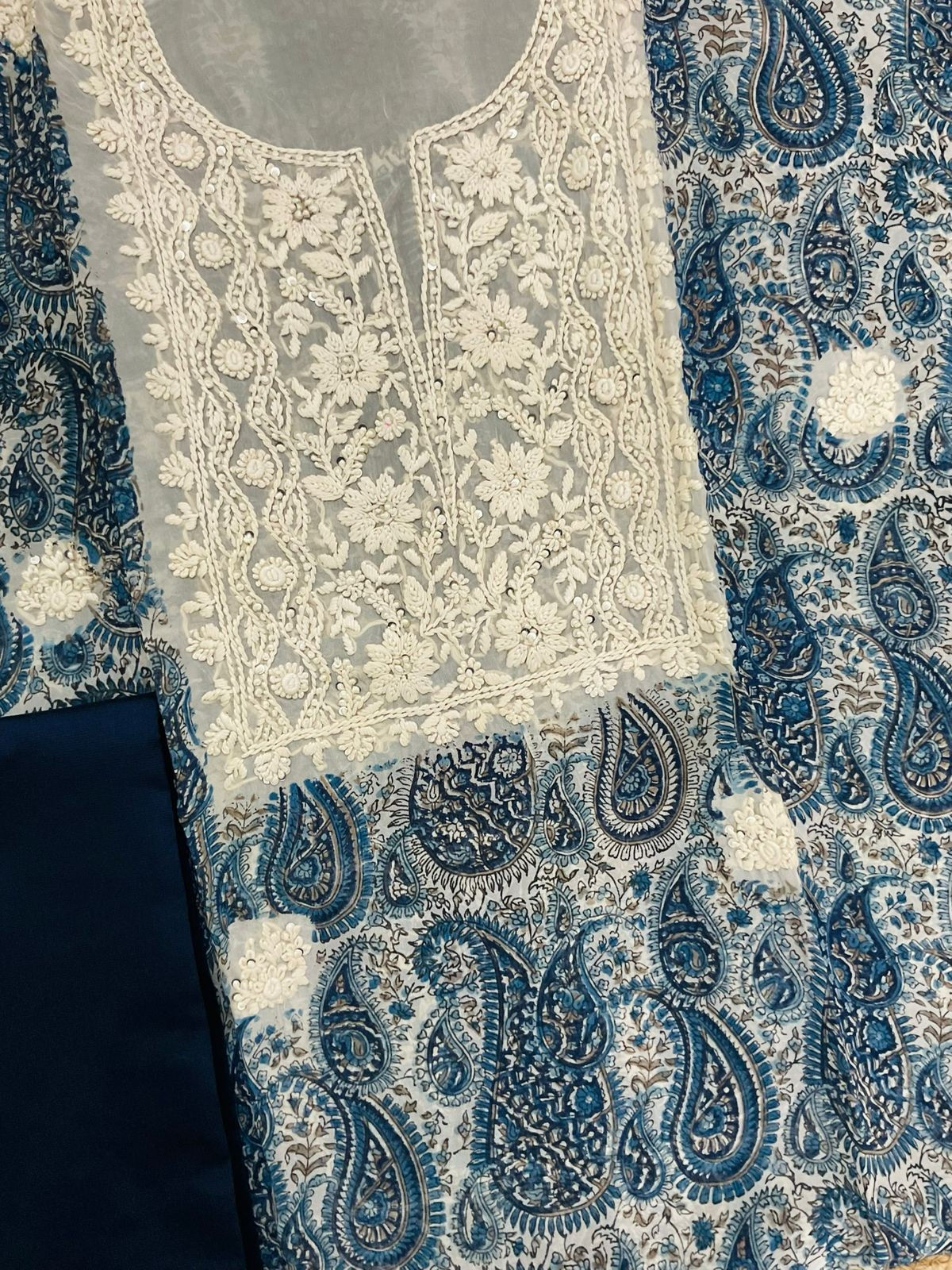 Pure Organza Printed Embroidered Suit - Blue