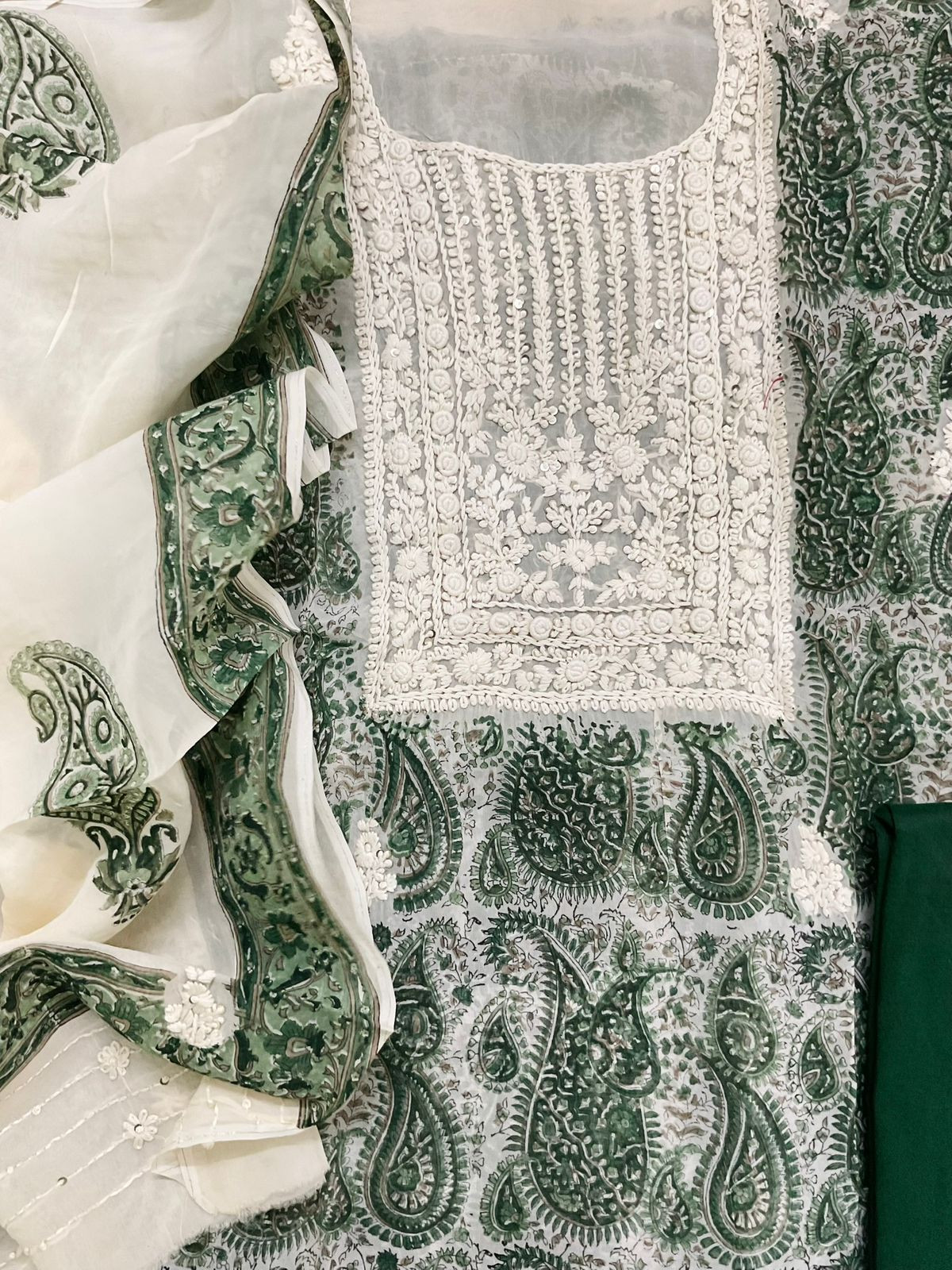 Pure Organza Printed Embroidered Suit - Green