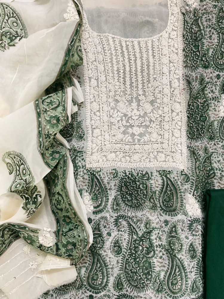 Image of Pure Organza Printed Embroidered Suit - Green