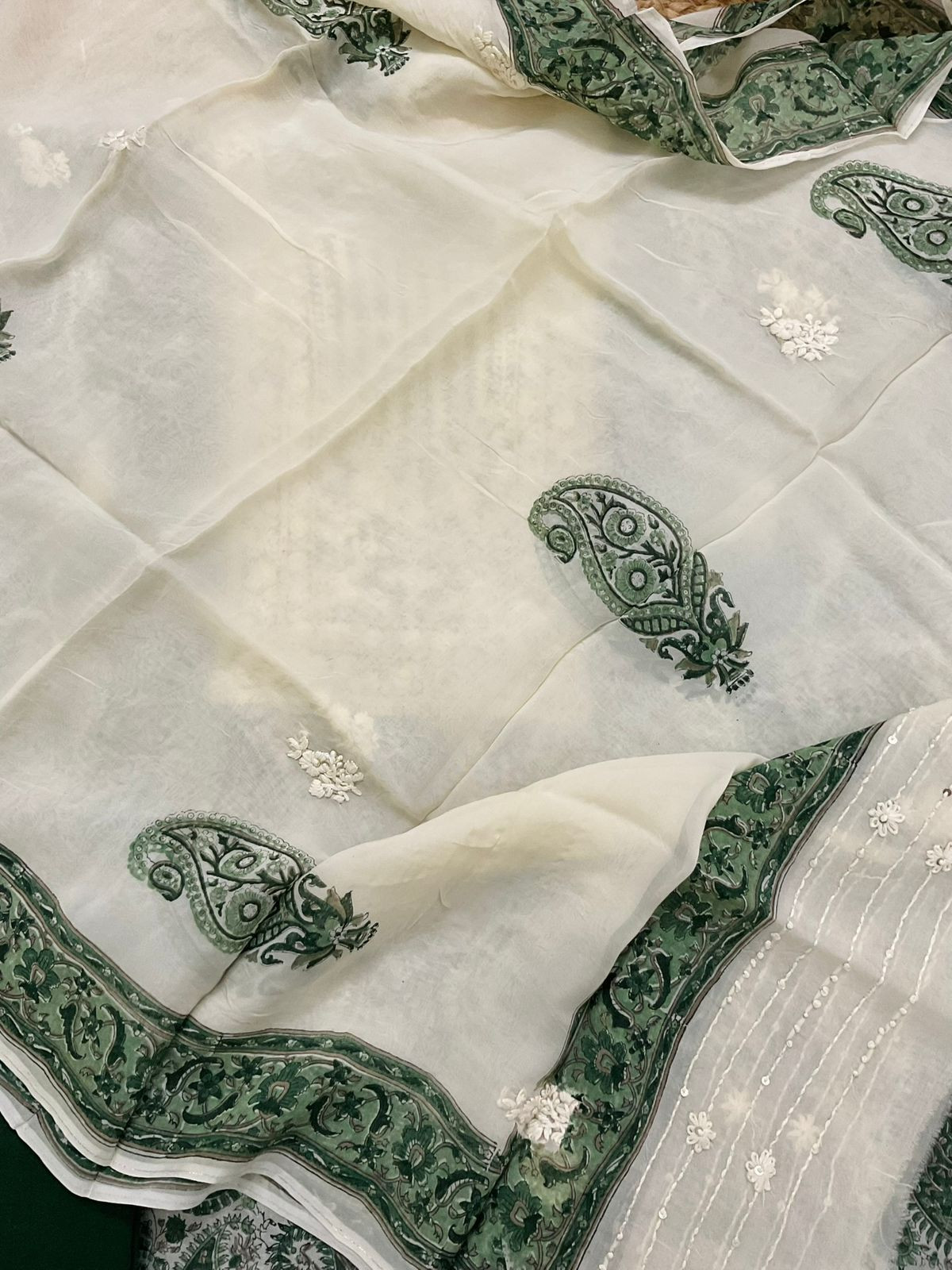 Pure Organza Printed Embroidered Suit - Green