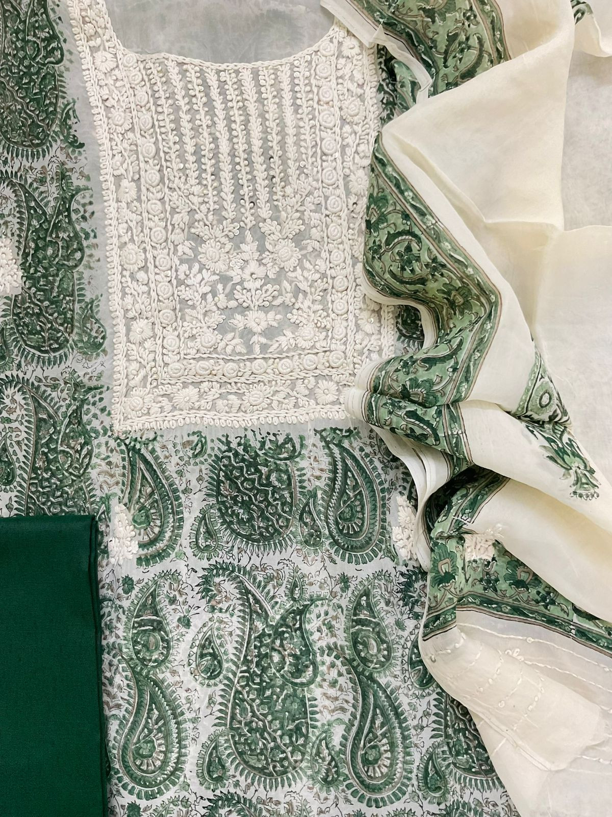 Pure Organza Printed Embroidered Suit - Green
