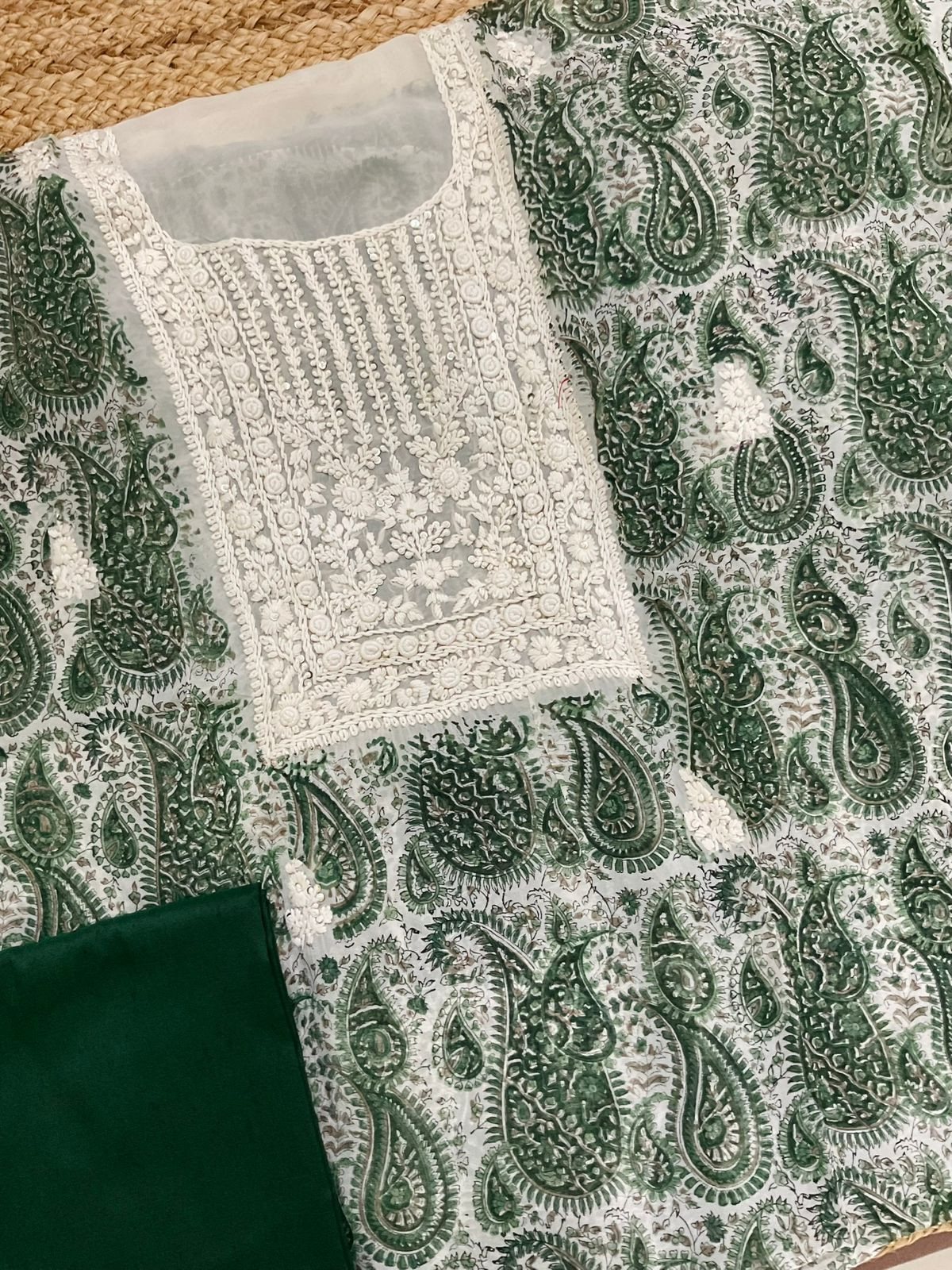 Pure Organza Printed Embroidered Suit - Green