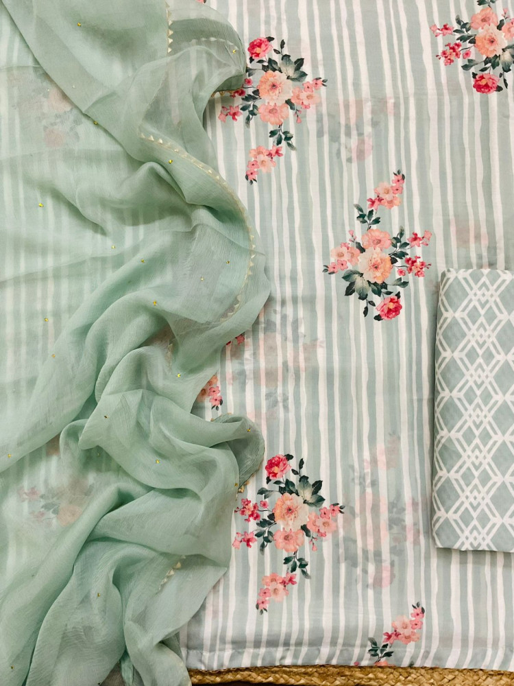 Image of Pure Muslin Printed Suit - Sea Green