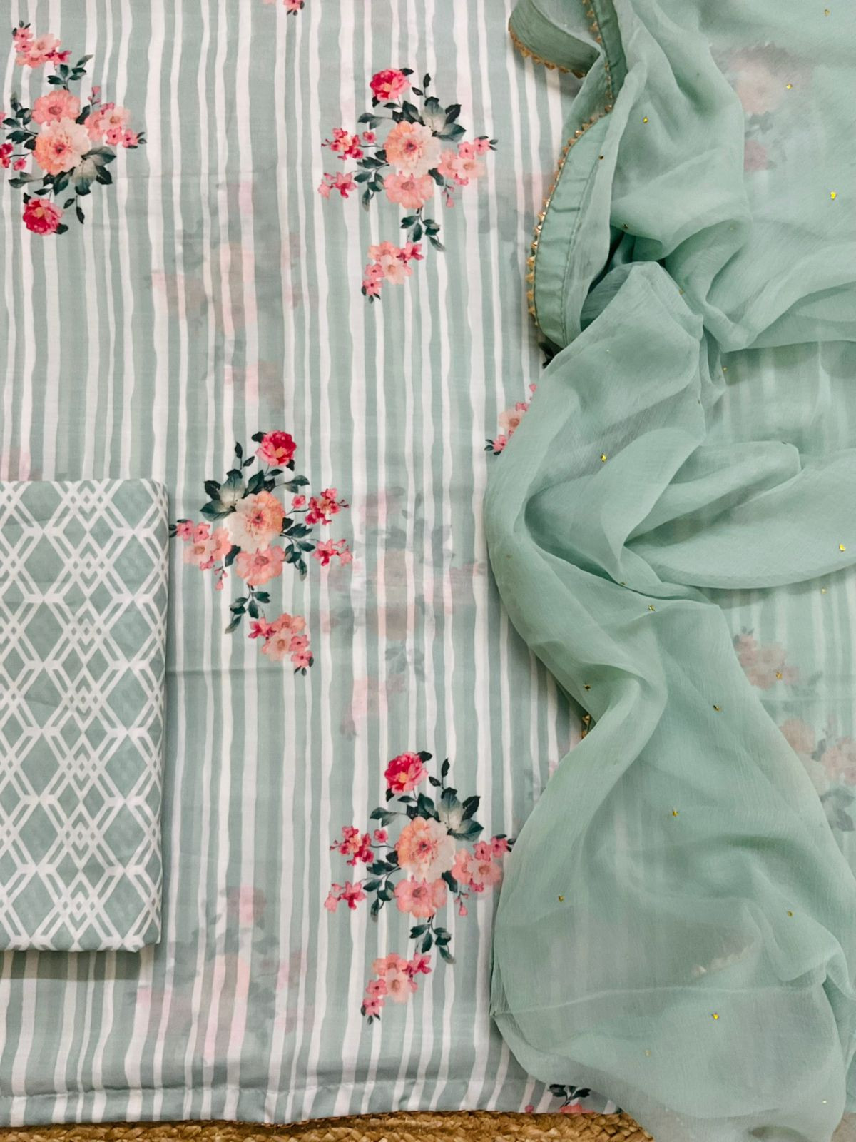 Pure Muslin Printed Suit - Sea Green