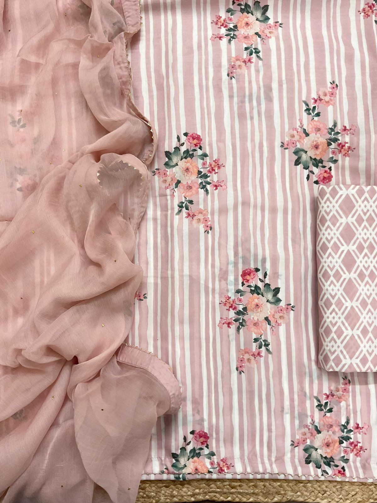 Pure Muslin Printed Suit - Onion Pink