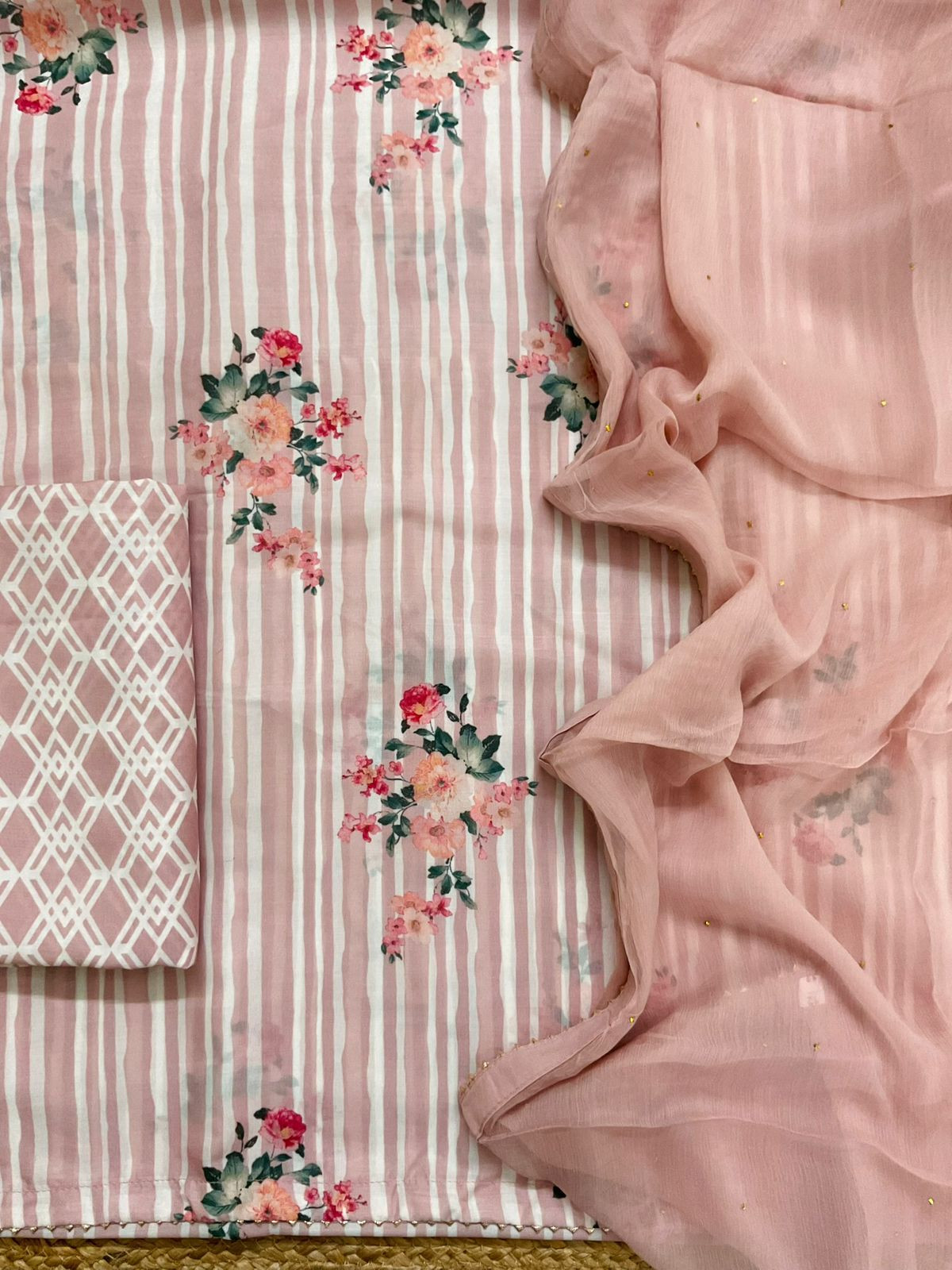 Pure Muslin Printed Suit - Onion Pink