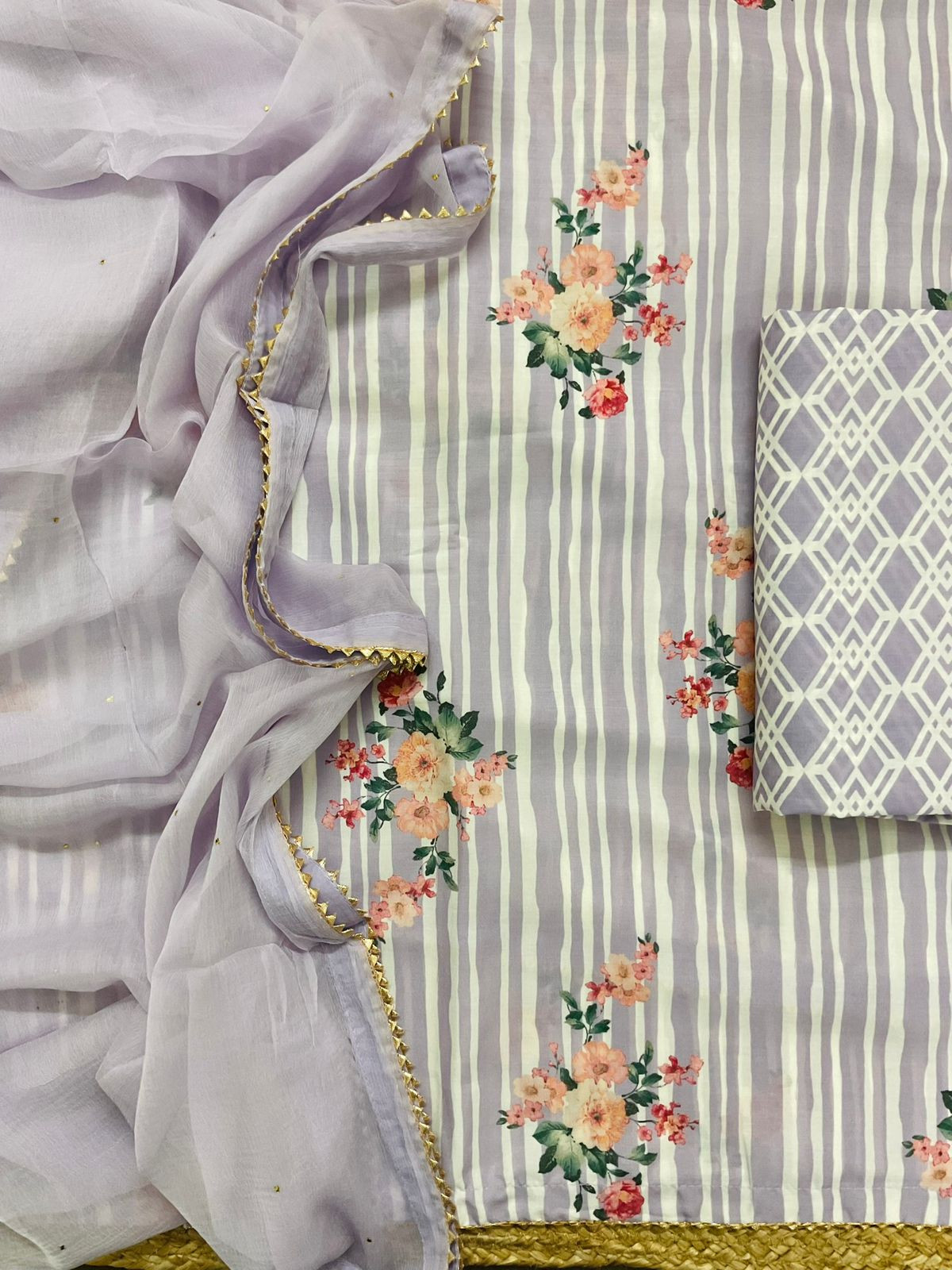 Pure Muslin Printed Suit - Lavender