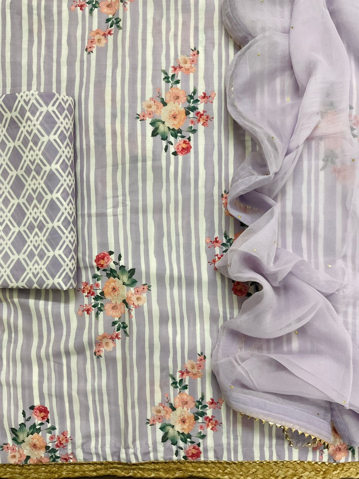 Pure Muslin Printed Suit - Lavender