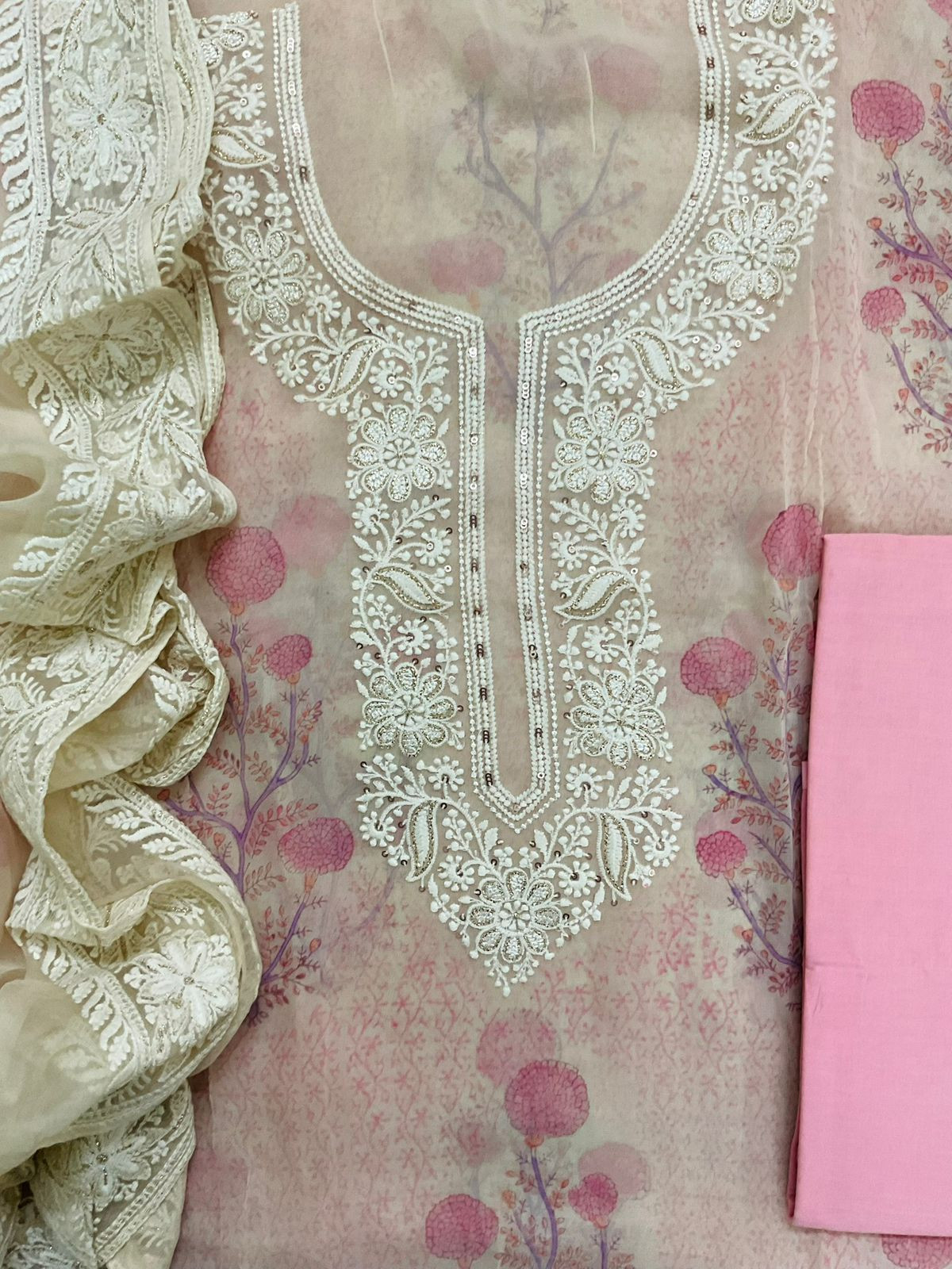Pure Georgette Printed Embroidered Suit - Pink