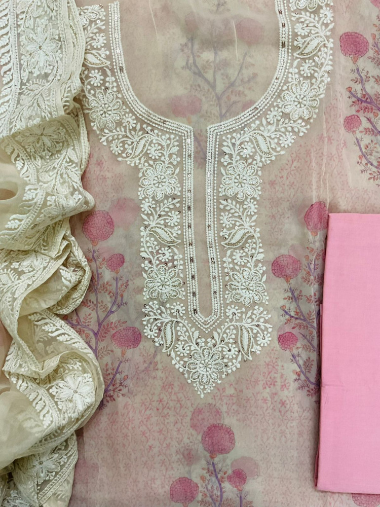 Image of Pure Georgette Printed Embroidered Suit - Pink