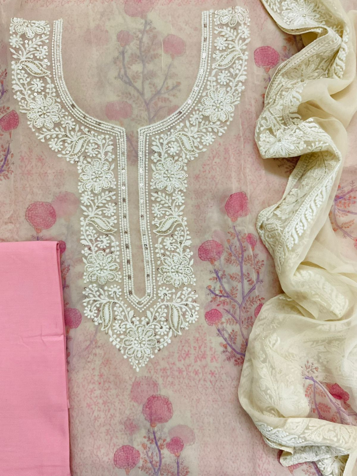 Pure Georgette Printed Embroidered Suit - Pink